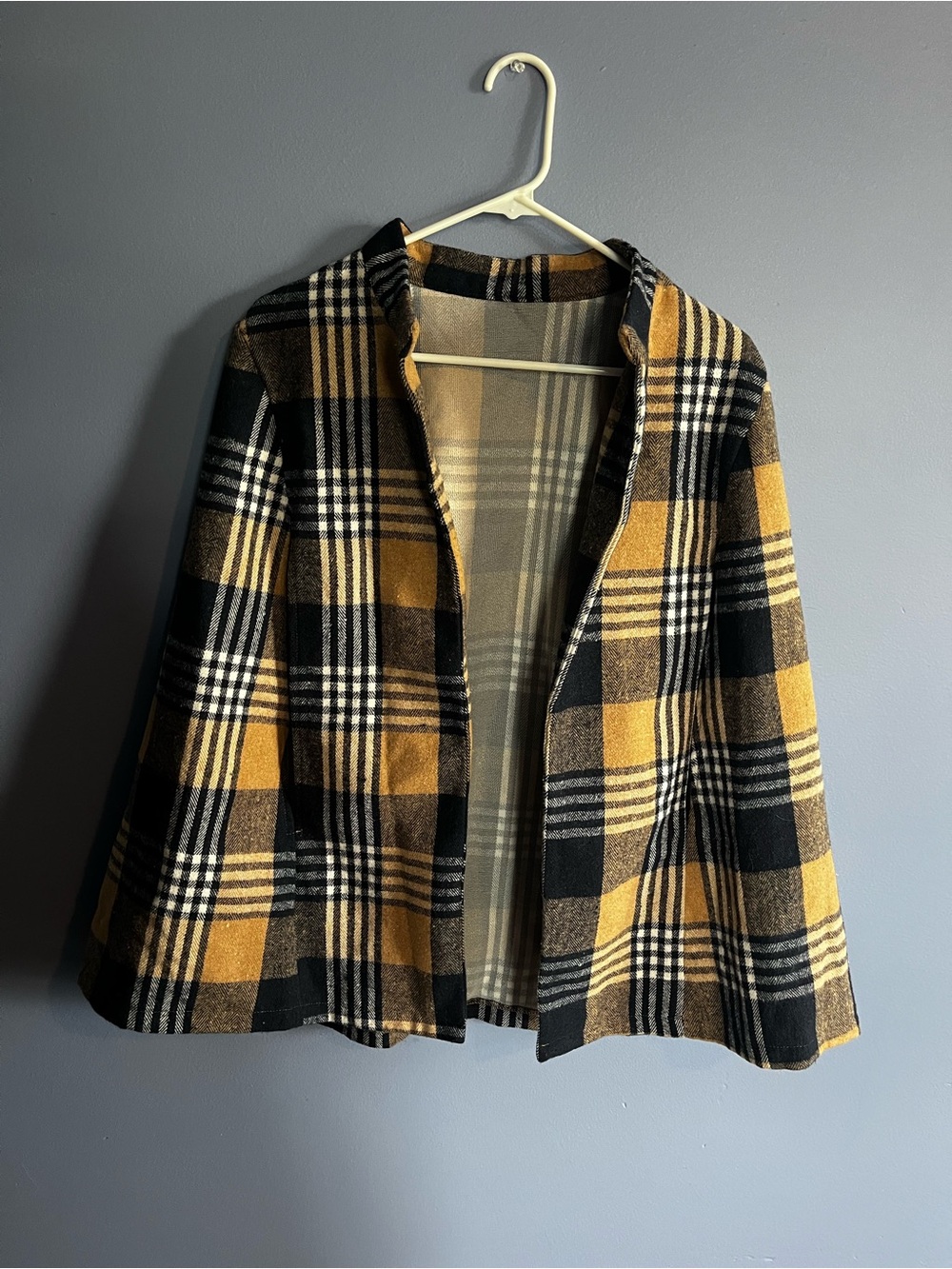 Open-Front Plaid Cape Jacket in Mustard and Black